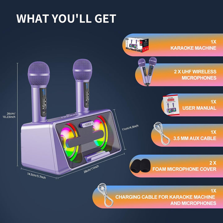 Karaoke Machine for Adults and Kids with 2 UHF Wireless Microphones, Portable Bluetooth Singing Spea