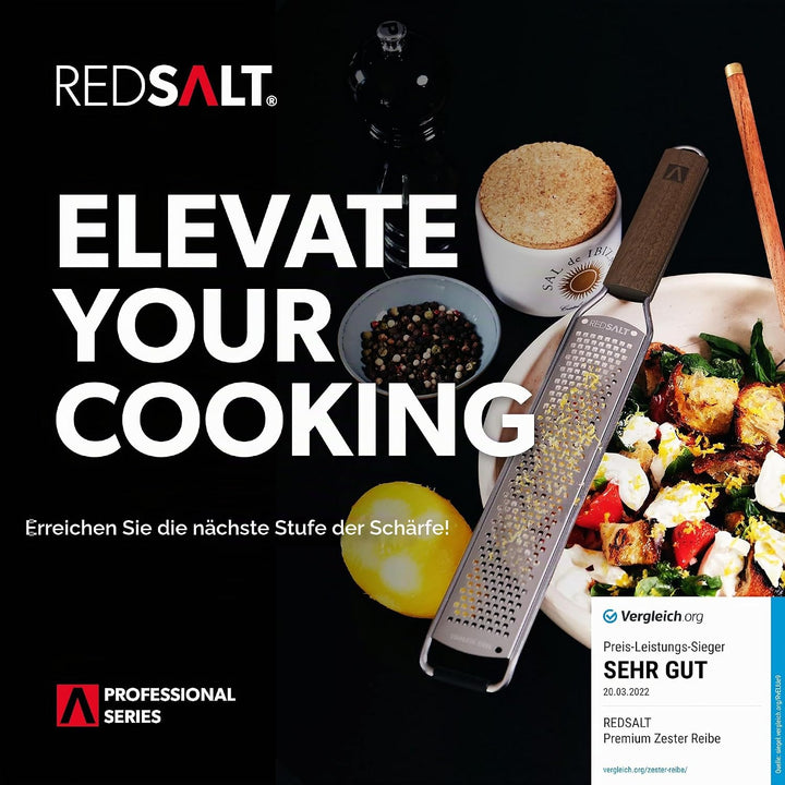 REDSALT® Premium Zester Julienne Edelstahl Reiben Set mit Walnuss Holzgriff | Raspel Küchenreibe Zit
