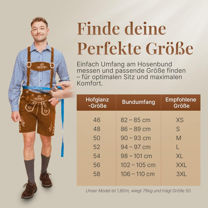 HOFGLANZ® Trachten Lederhose Herren Kurz - Hochwertige Trachtenhose für Herren mit Hosenträgern - Tr