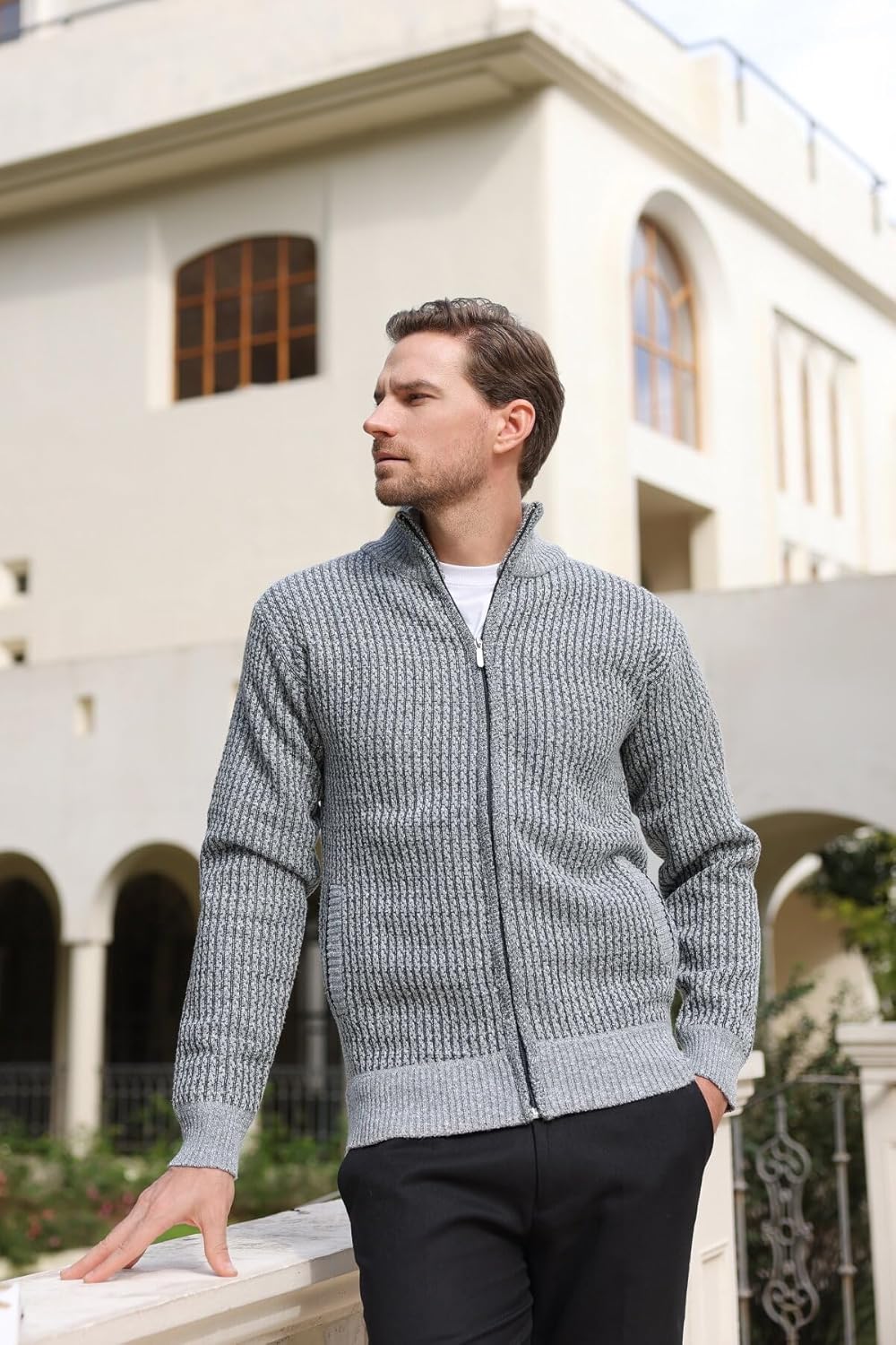 Allthemen Herren Cardigan Grobstrick Reissverschluss Strickjacke mit Stehkragen Winter Pollover Knit