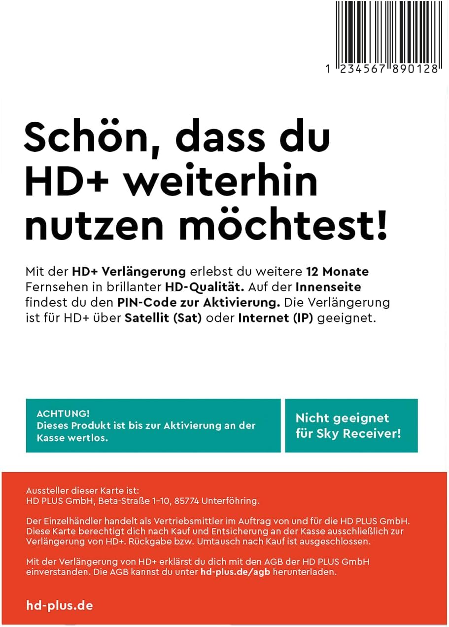 HD+ Verlängerung für 12 Monate per Email, Fernsehen über Satellit oder Internet