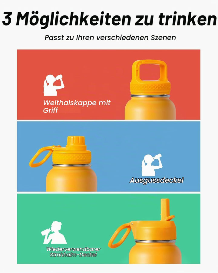Wasserflasche 0,9 l isoliert mit Strohhalm, Coolflask Edelstahl Metall 3 Deckel Wasserflasche mit br