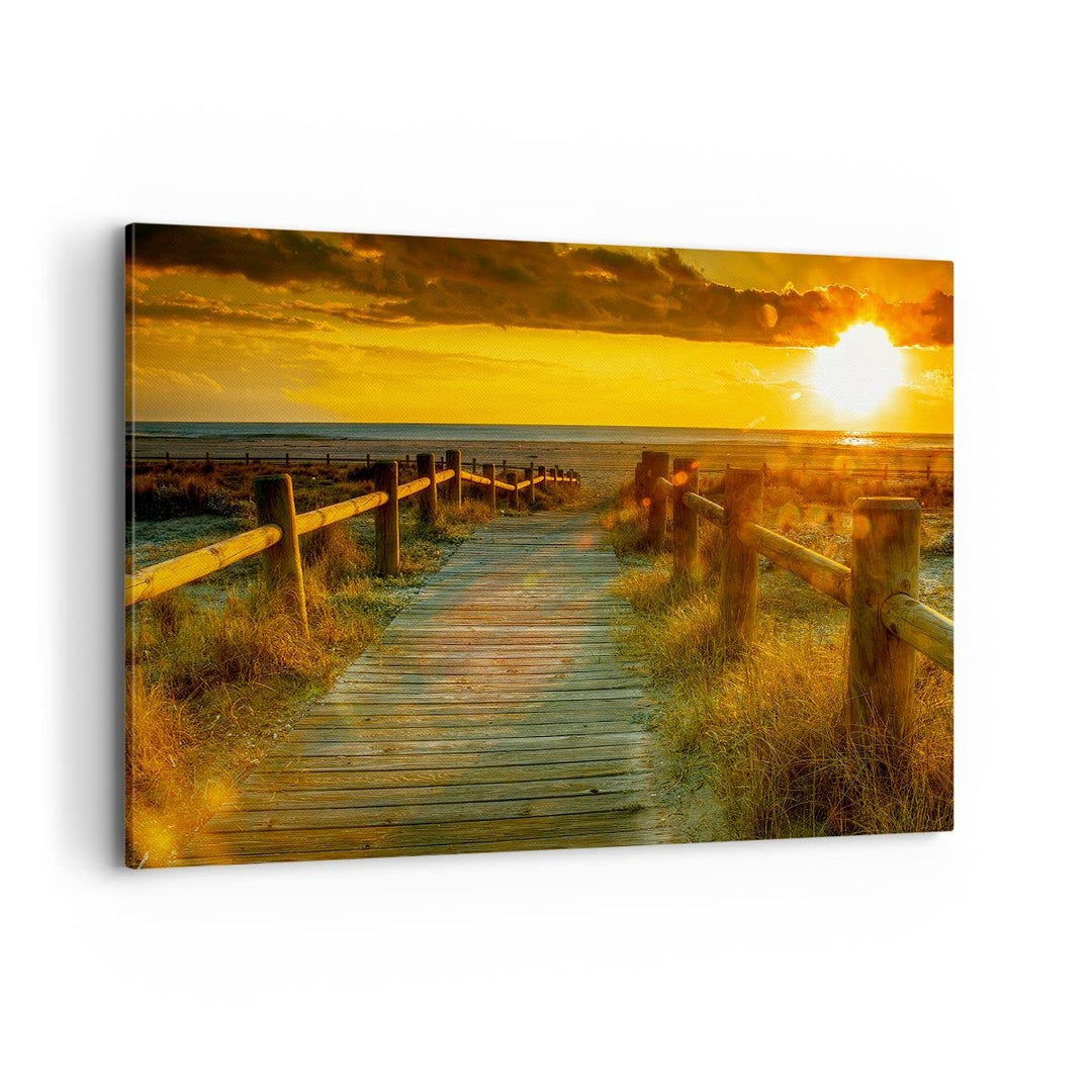 Bilder auf Leinwand 100x70cm Leinwandbild Fussgängerbrücke Strand Urlaub Sonne Gross Wanddeko Bild S