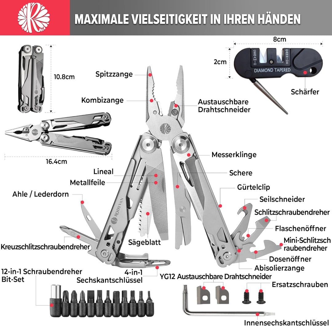 Multitools, 19 in 1 Edelstahl Multi Tool Zange mit Spitzer Schraubendreher Set Flaschenöffner Surviv