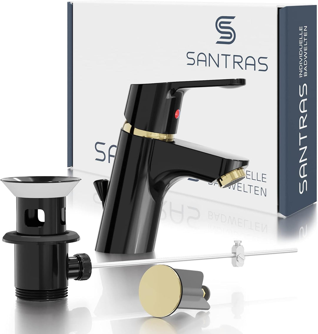 SANTRAS® Waschtischarmatur für das Bad mit Exzenter Ablaufgarnitur und Zugstange in Schwarz/Gold – E