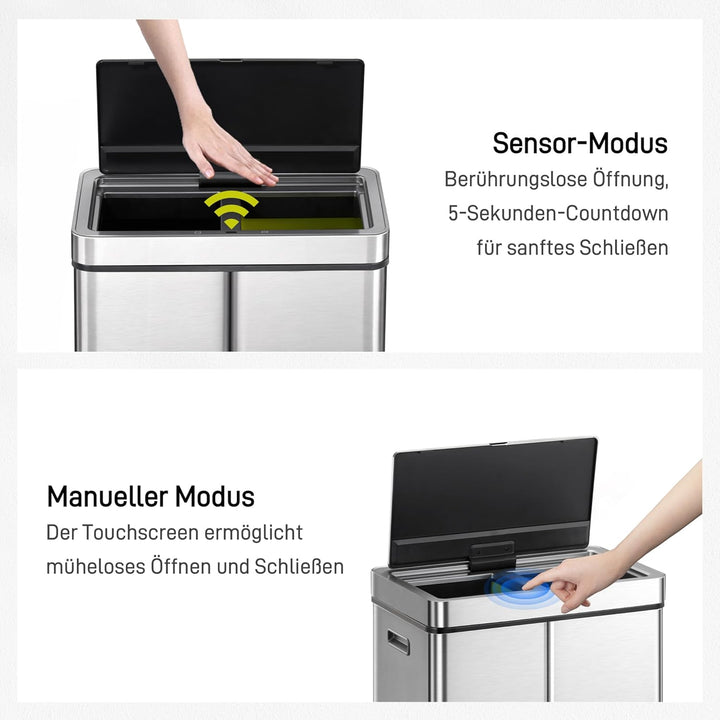 EKO Mirage Plus Mülltrennsystem mit 3 Fächer, 2 x 15 L und 30 L, Recycler Mülleimer mit Sensor, 3 Ku