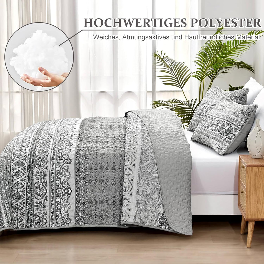 WONGS BEDDING Tagesdecke 220x240 Bettüberwurf Boho Decke Steppdecke 3 Teilig Doppelbett Gesteppt Bet