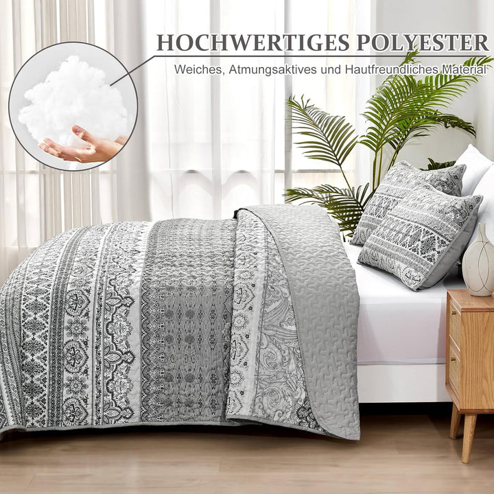 WONGS BEDDING Tagesdecke 220x240 Bettüberwurf Boho Decke Steppdecke 3 Teilig Doppelbett Gesteppt Bet