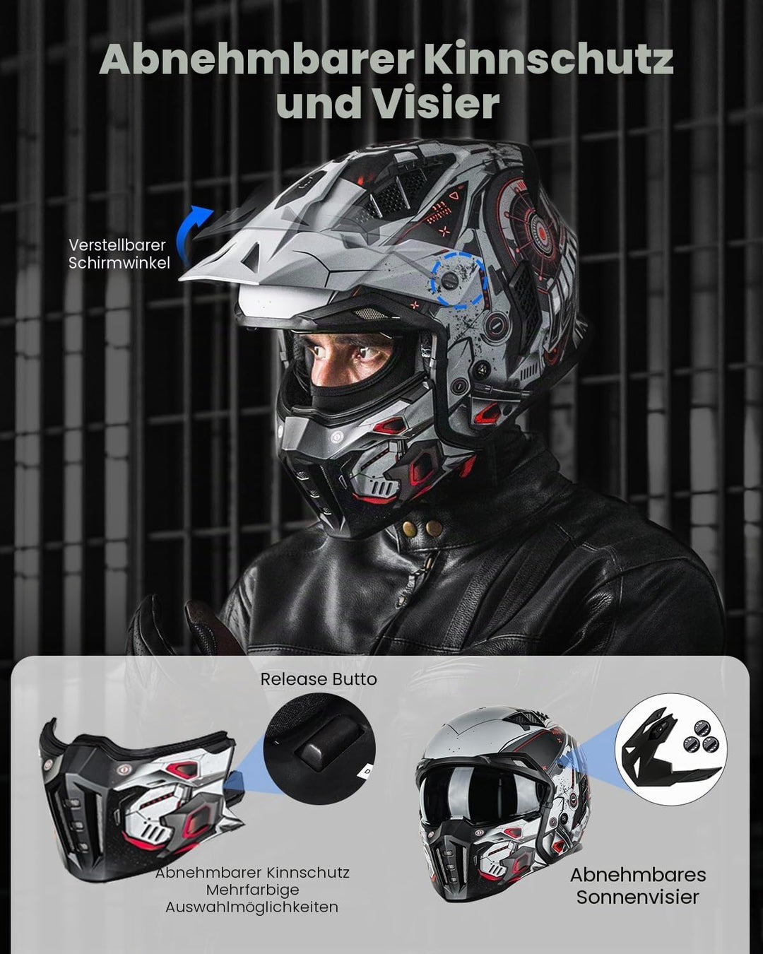 ILM Helm Motorrad Motocross Herren Damen Vintage Retro mit Visier ECE Model Z302,SciFiRot,L L SciFiR