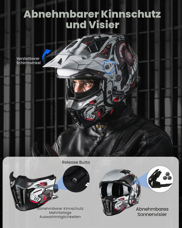 ILM Helm Motorrad Motocross Herren Damen Vintage Retro mit Visier ECE Model Z302,SciFiRot,L L SciFiR