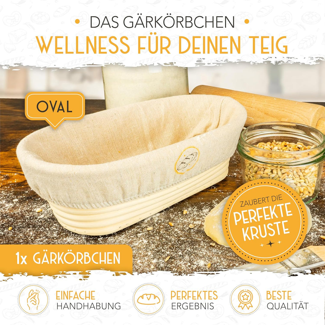 KRUSTENZAUBER Gärkorb aus zum Brotbacke mit Gärtuch für optimale Teiggärung | Für gleichmässig gegar