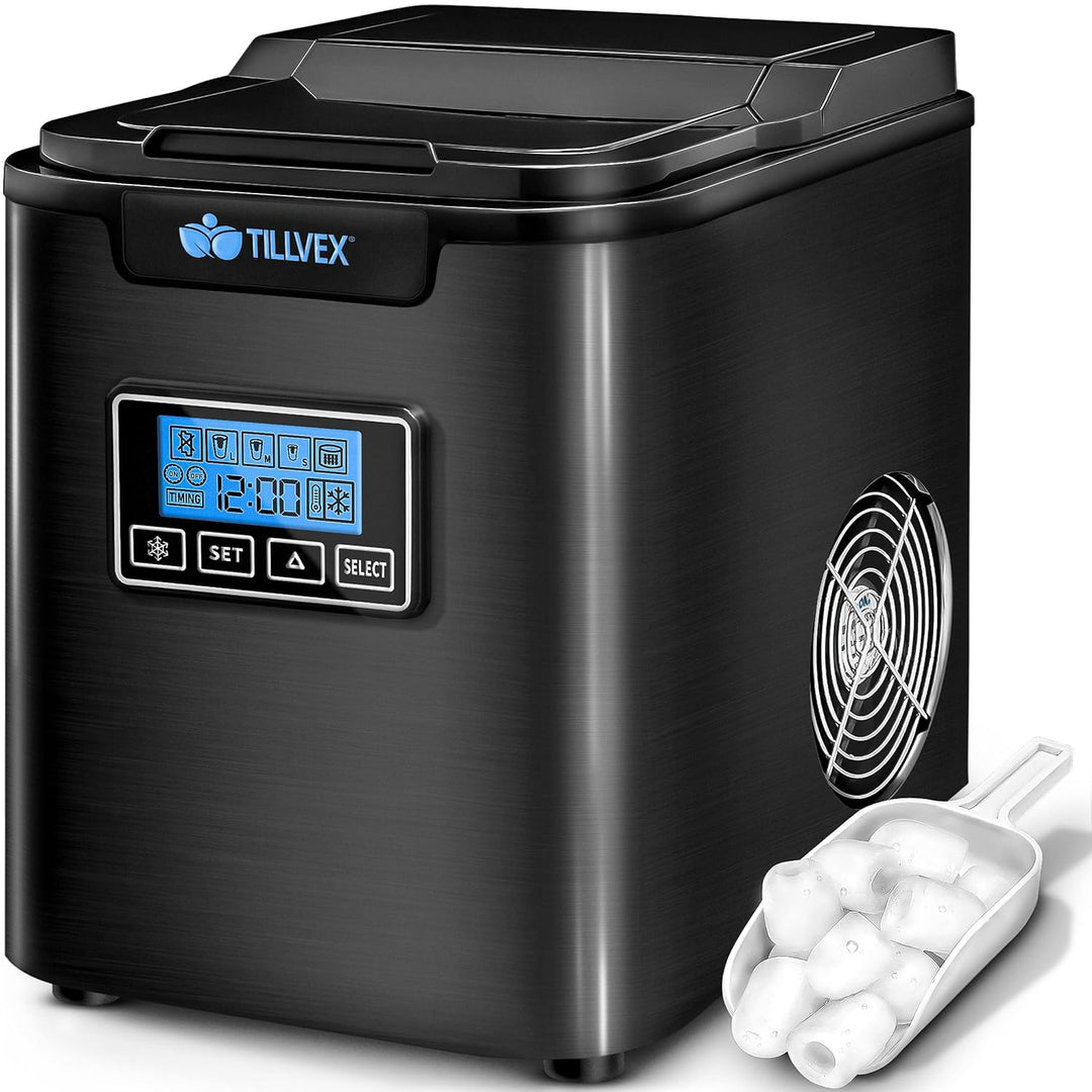 tillvex Eiswürfelmaschine Edelstahl 12 kg - 24 h | Eiswürfelbereiter mit Timer und 2,2 Liter Wassert