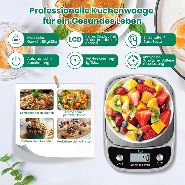 himaly Küchenwaage Digital 10KG aus Edelstahl Professionelle Waage, Tara-Funktion, aus Edelstahl mit