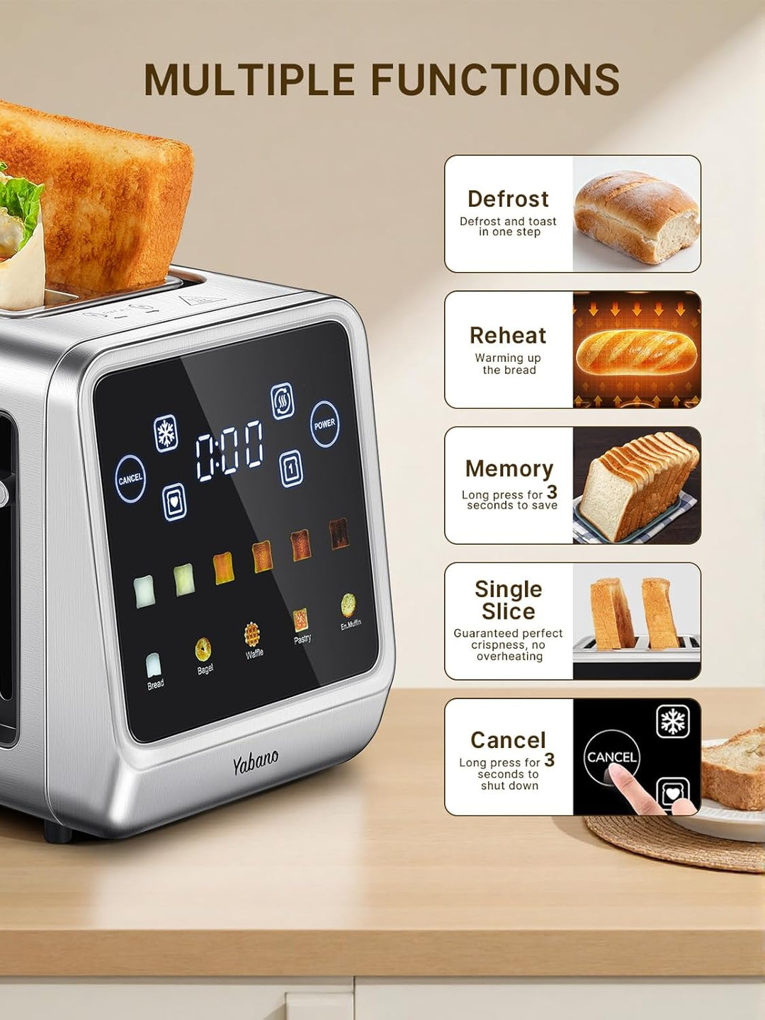 Yabano Toaster 4 Scheiben mit Touchscreen & Memory-Funktion, Single-Slice-Technologie, Timer, Auftau
