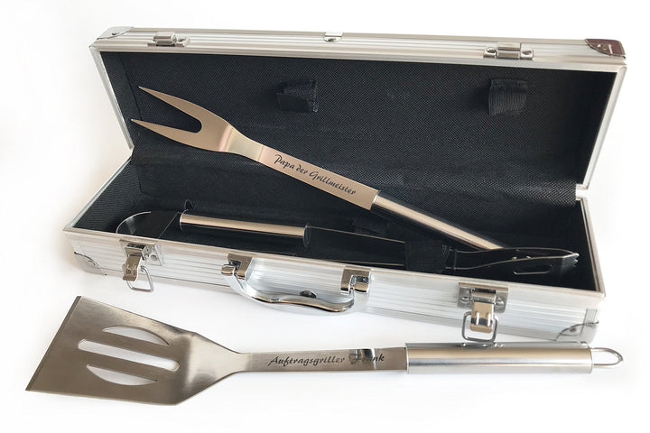 Grillbesteck mit Name individuell graviert, BBQ Set mit Gravur, Grillzange, Fleischwender, Geschenk
