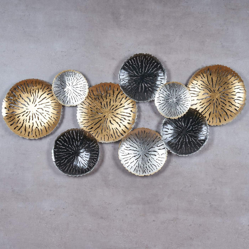 3D Wandbild 115x56cm Ringe Kreise Metall Gold Schwarz Silber Deko Teller Wanddeko Design Wandkunst M