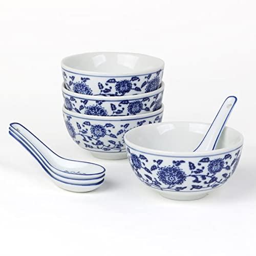 4er Set Porzellan Reisschalen mit Chinalöffel in Kobaldblau"Qing Hua Ci"