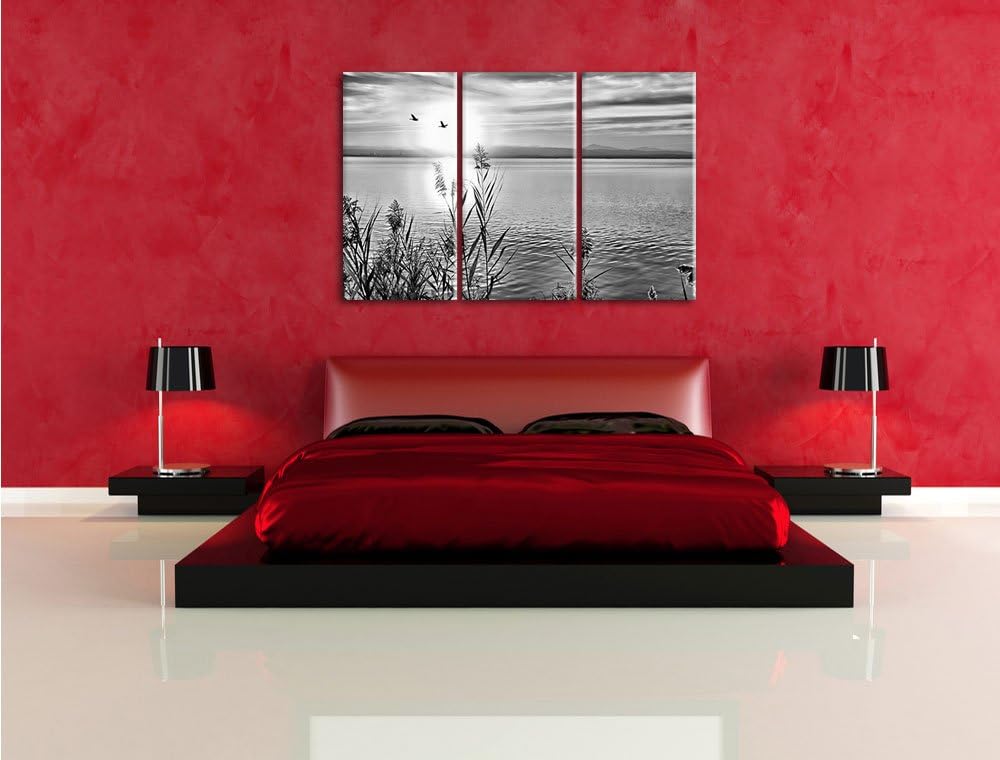 Pixxprint Monocrome, Sonnenuntergang am See 3-Teiler Leinwandbild 120x80 Bild auf Leinwand