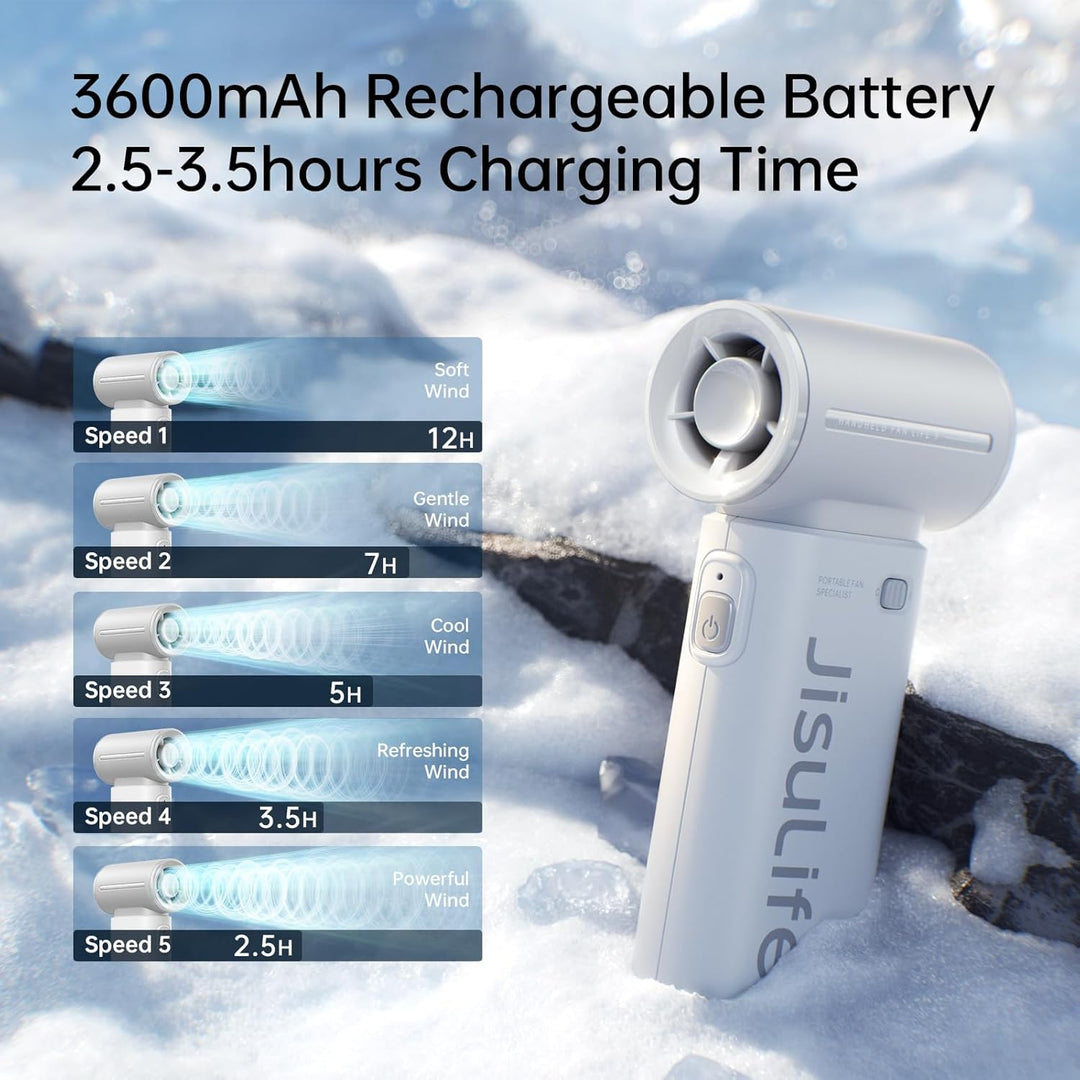 JISULIFE Tragbarer Handventilator, Turbo-Power [12 Stunden Maximale], 5-Gang-Wind, 3600 mAh wiederau