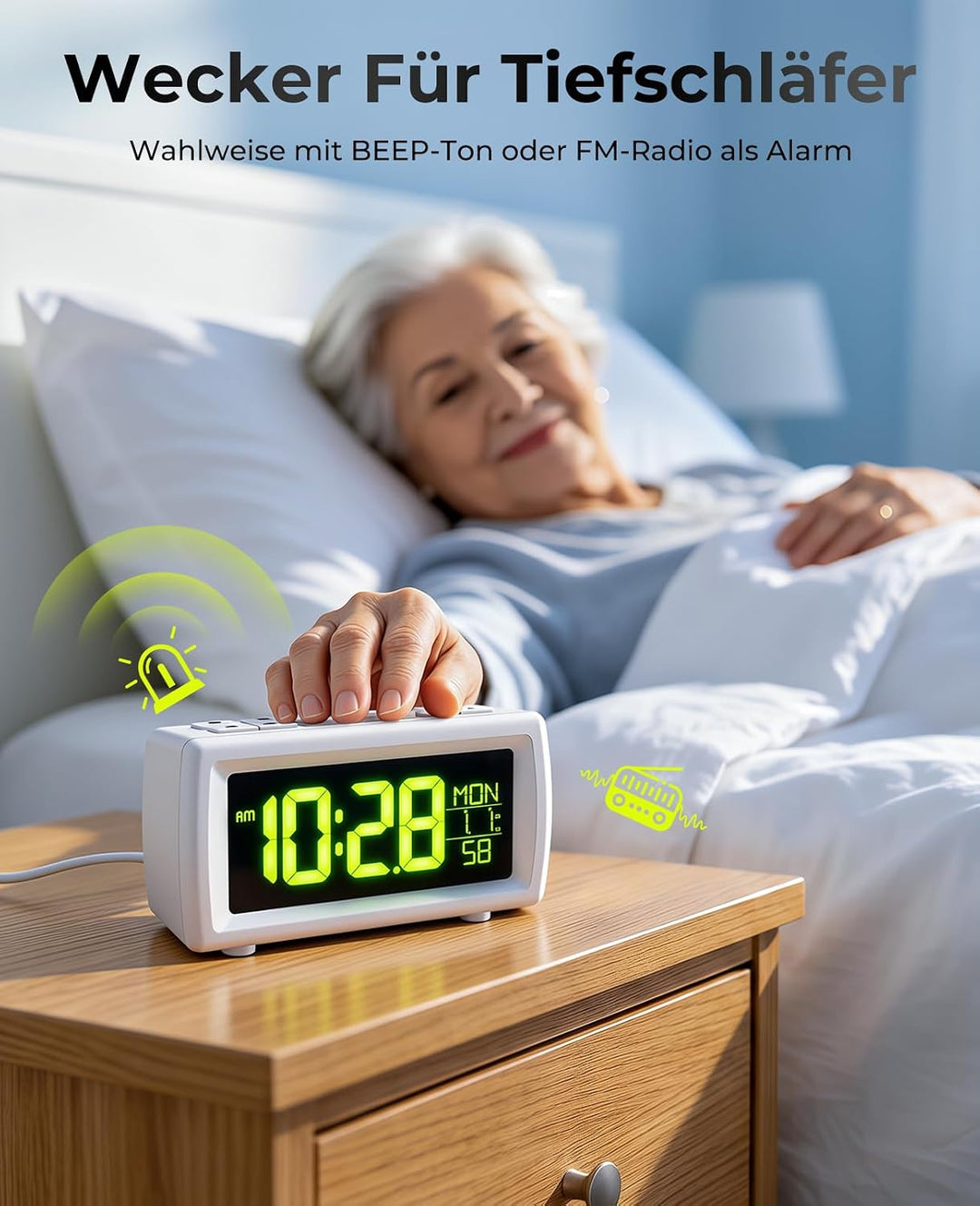 Digitaler Radiowecker, Wecker Radio mit 7-farbige Ziffernanzeige, Einstellbarer Helligkeit und Weckt
