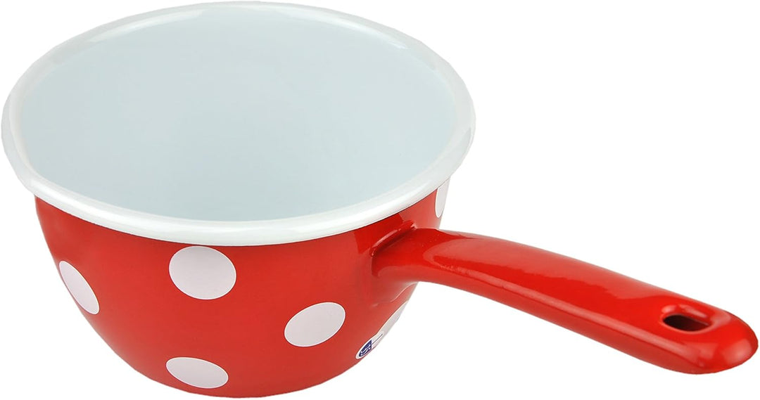 Münder Emaille - Stielkasserolle, Stieltopf, Milchtopf - Farbe: Rot mit weissen Punkten - Emaille Ø: