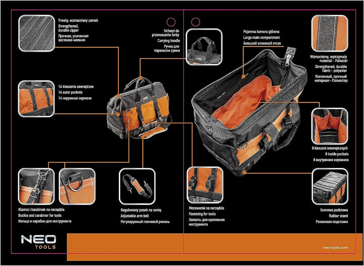 NEO TOOLS Werkzeugtasche 40 x 22 x 33 cm, Nylon 600D 8 Innentaschen, 14 Aussentaschen, wasserdichter