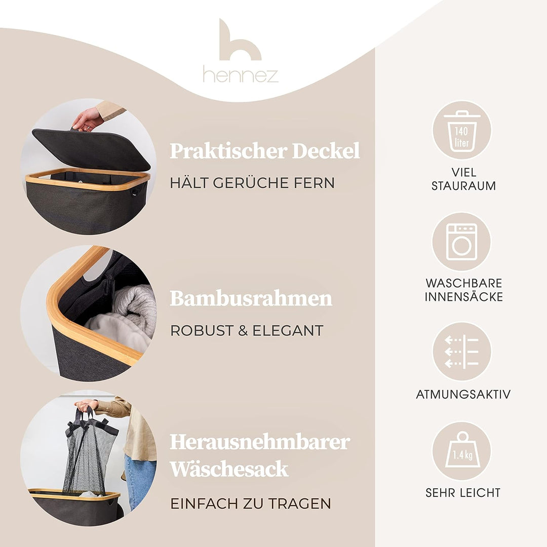 HENNEZ Wäschekorb mit Deckel 2 Fächer schmal grau 140L Wäschesack - Wäschesortierer Wäschebox Wäsche