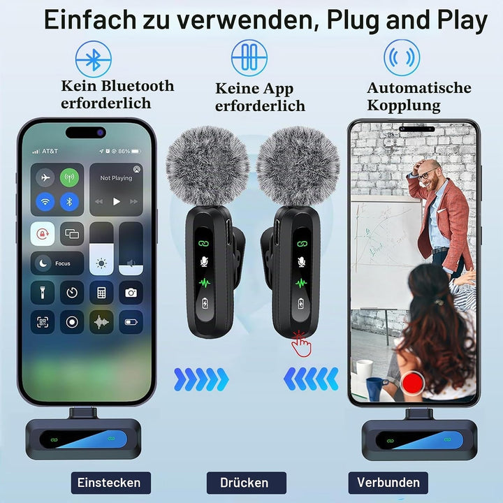 TZEKING Lavalier Mikrofon Wireless mit LED-Display,Plug-and-Play Mikrofon Kabellos, Mini Mikrofon ko