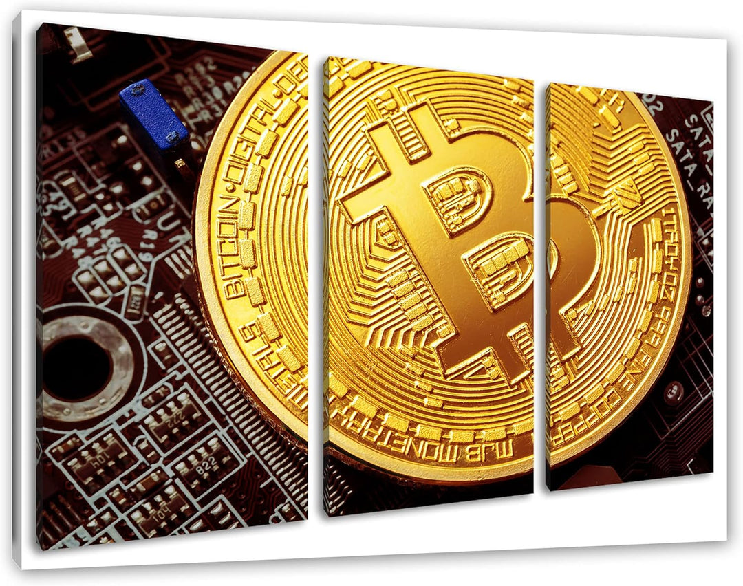 Bitcoin BTC auf Platineals Leinwandbild 3 teilig | Grösse: 120x80 cm | Wandbild | Kunstdruck | ferti