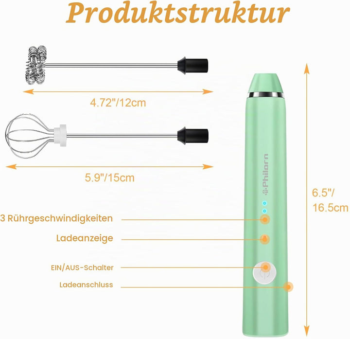 Philorn Milchaufschäumer Stab, Milchaufschäumer Elektrisch Stab Hand Held, 3-Gang USB Aufladbar Aufs