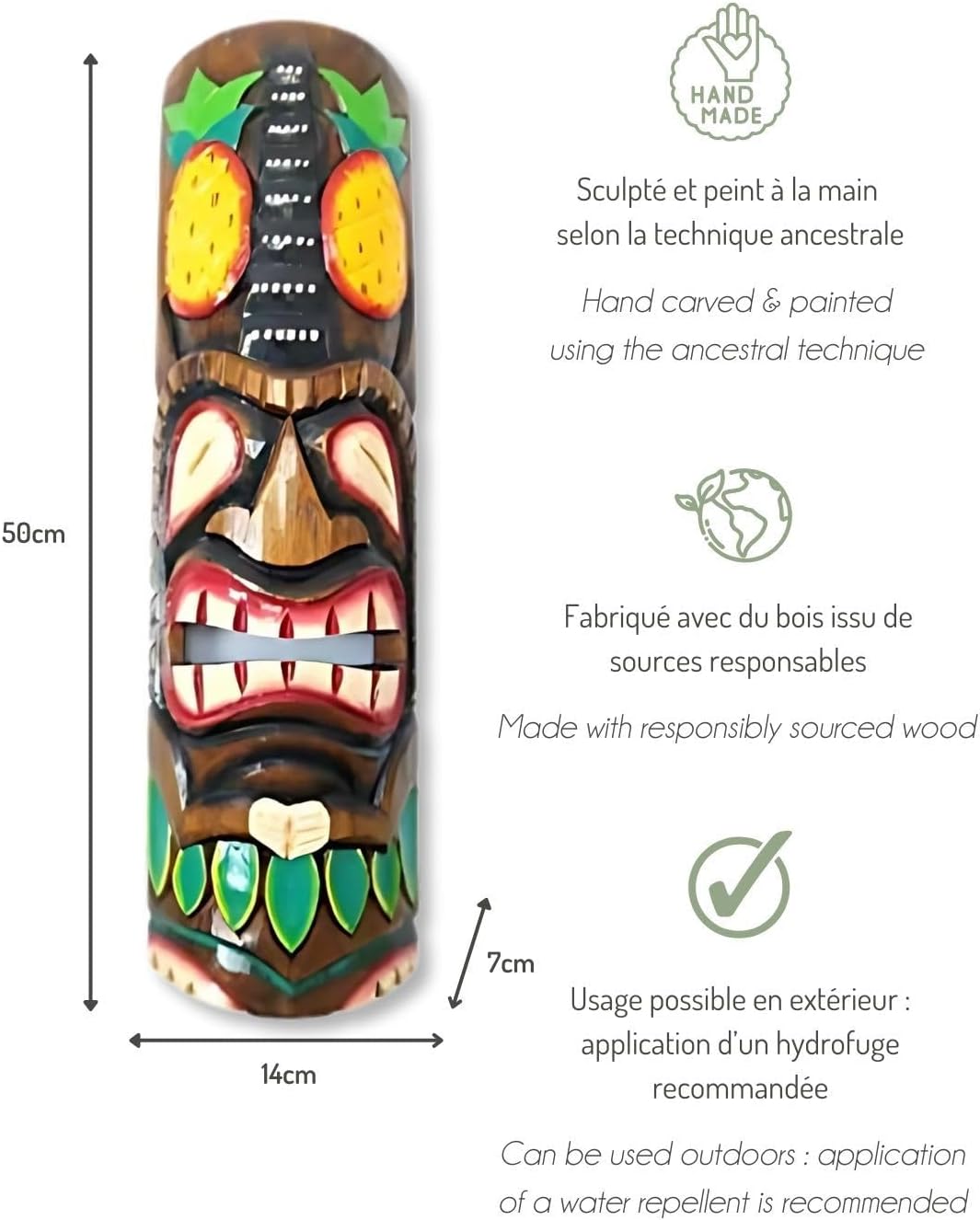 Maske Tiki, Höhe 50 cm, Holz, Motiv Ananas. Wanddekoration Tiki Bar.