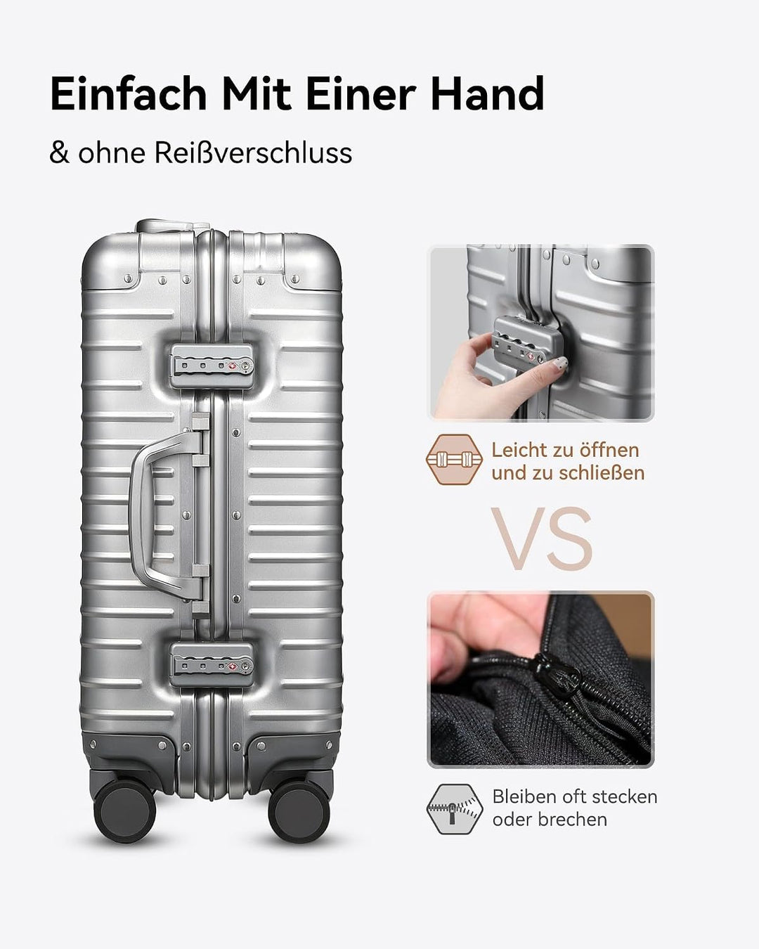 LUGGEX Aluminium Koffer Handgepäck, 100% Alu Koffer Trolleys ohne Reissverschluss, Hartschalekoffer
