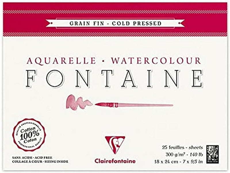 Clairefontaine 96413C Malblock, 4-seitig verleimt Aquarellpapier Feinkörnig, Fontaine/Hadern, 12 x 1