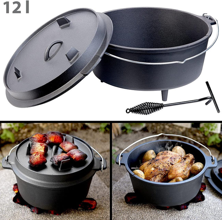 Rosenstein & Söhne Feuertopf: Dutch Oven aus Gusseisen mit Standfüssen, 2in1-Deckel & -Pfanne, 12 l