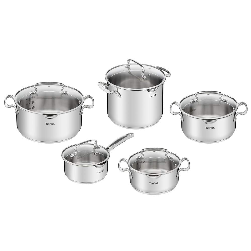 TEFAL DUETTO TOPFSET Kochtopfset Töpfe Induktion Edelstahl mit Glasdeckel 10 tlg