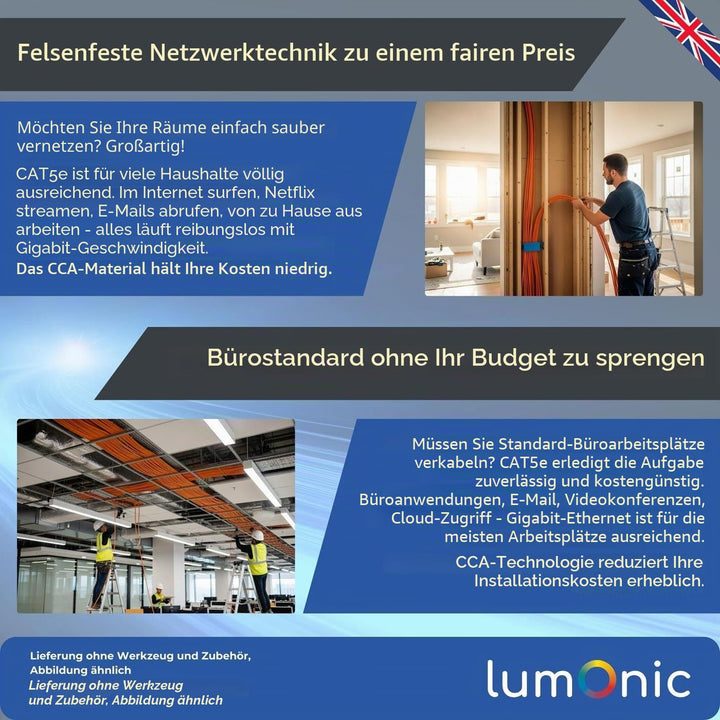 Lumonic LAN Netzwerkkabel 100m | LAN Kabel CAT5e F/UTP | Verlegekabel 4X 2X AWG26/1 (starr) | 100MHz