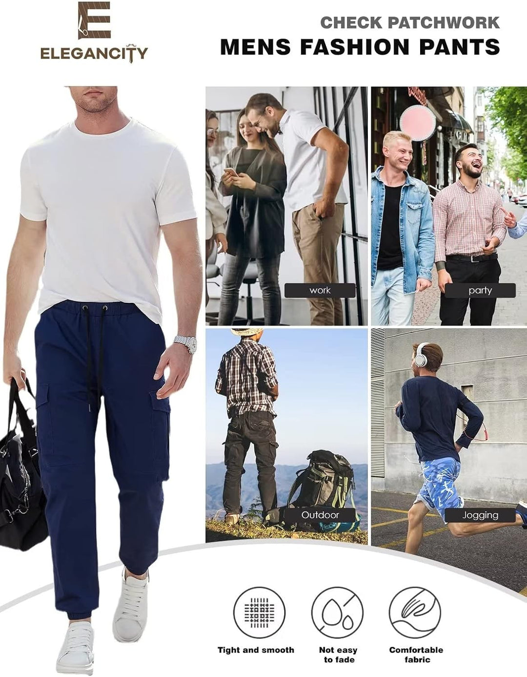 Cargohose Herren Chino Hose mit 6 Taschen Cargo Hose Stretch Jogginghose für Männer mit Bundgummi El