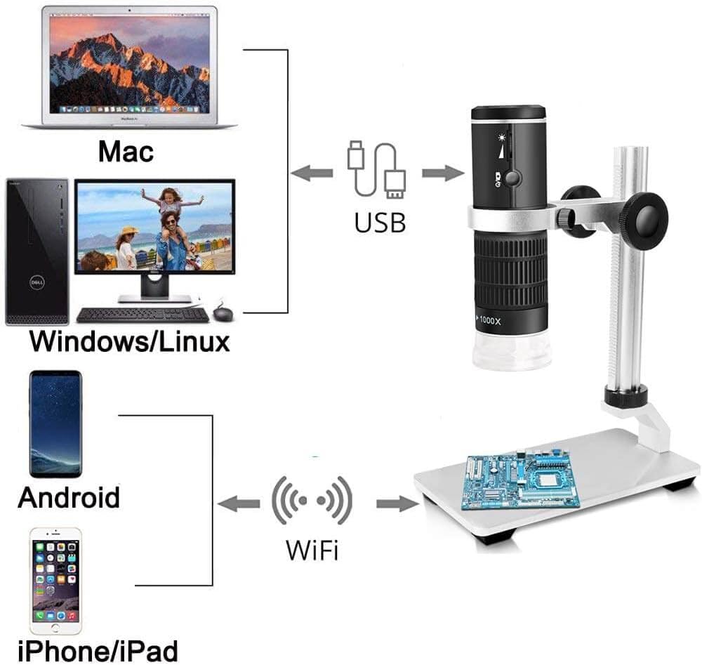 Jiusion WiFi USB-Digitalmikroskop HD Auflösung 50 bis 1000fache drahtlose Vergrösserung Endoskop 8 L