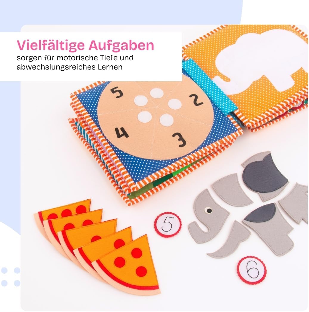 Jolly Designs – 1,2,3 – 10 Seiten Premium - Quiet Book – Montessori Spielzeug ab 3 Jahren – Motorik