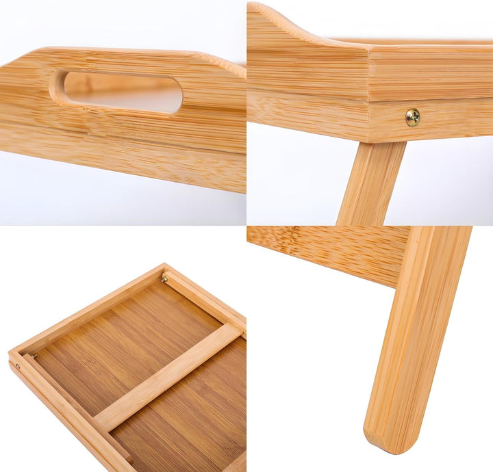 Betttisch Klappbar, Bambus Betttablett Serviertablett Frühstückstablett mit Beinen und Griffen, Tabl