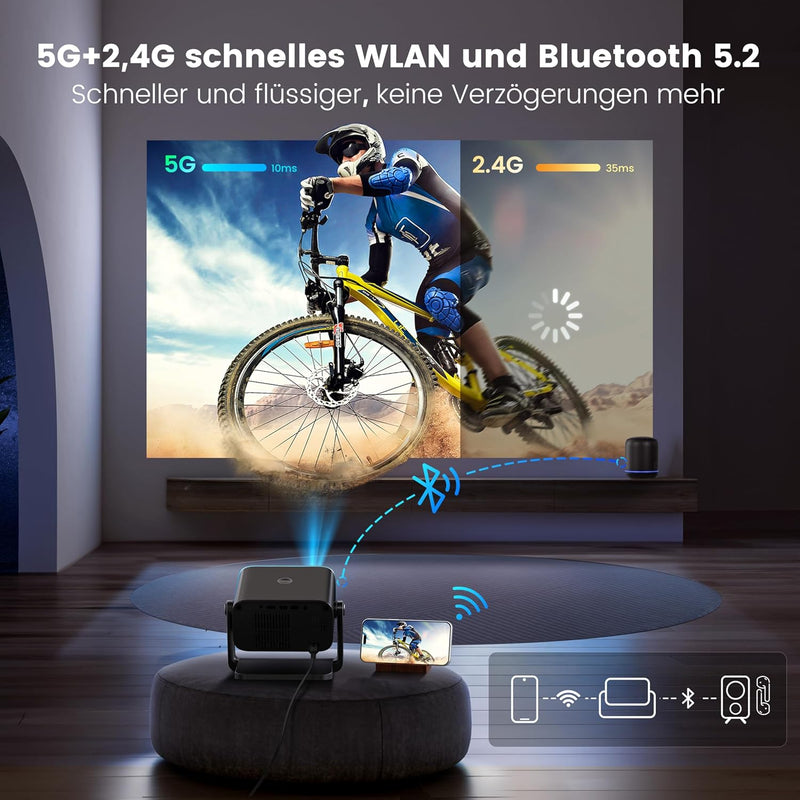 Beamer【Elektrischer Fokus/Auto Trapezkorrektur】 WiFi Bluetooth Mini Beamer 1080P Full HD unterstützt