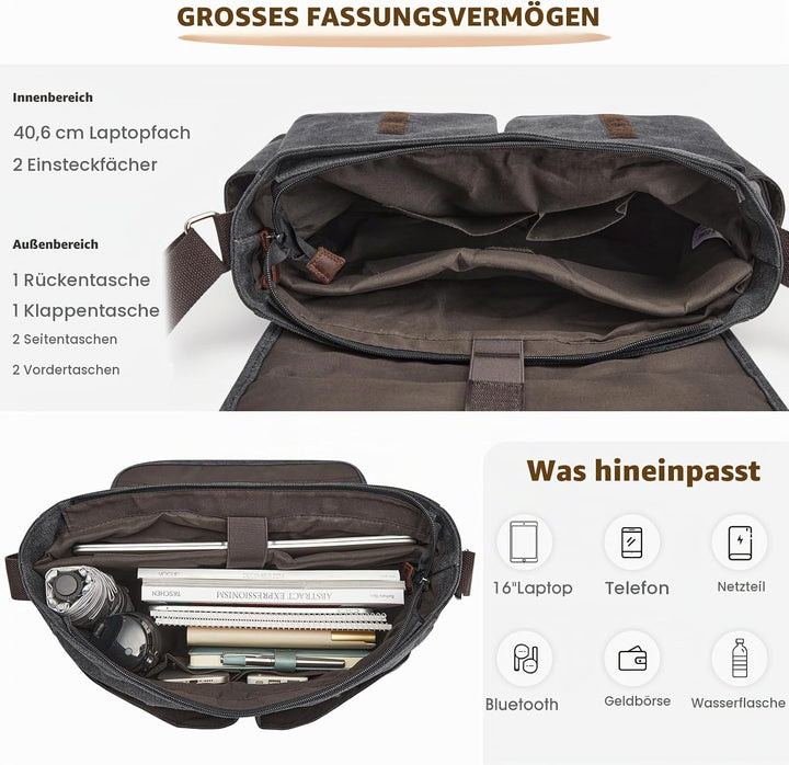 S-ZONE Herren Umhängetasche Grosse Vintage Canvas Messenger Bag Aktenktasche Schultertasche Bürotasc