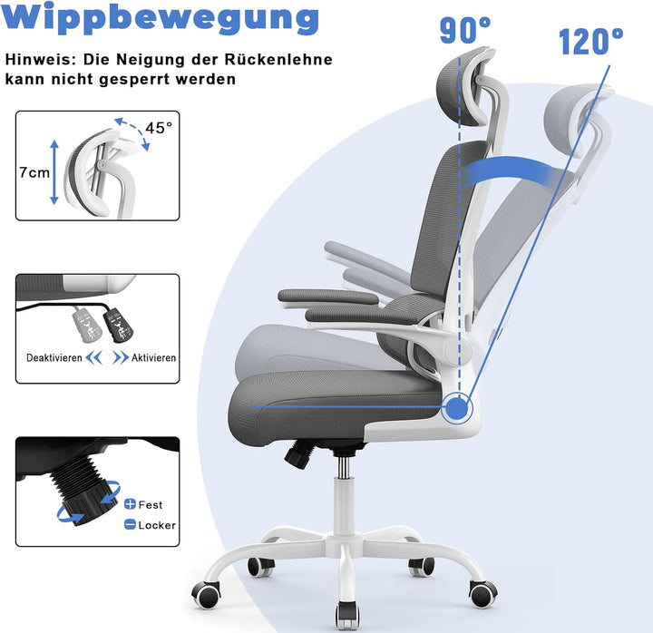 naspaluro Bürostuhl, Ergonomischer Schreibtischstuhl mit Verstellbarer Kopfstütze, Armlehnen, Dynami