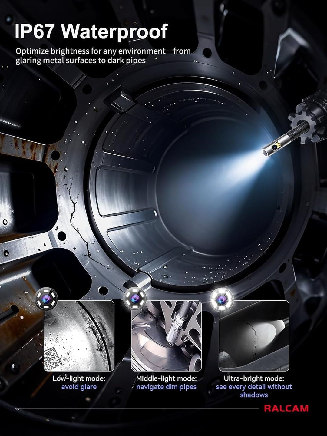 Ralcam Endoskopkamera mit Licht, Endoscope Camera mit 360° beweglichem Kopf, 6,5mm Dual-Sonde, 5" HD