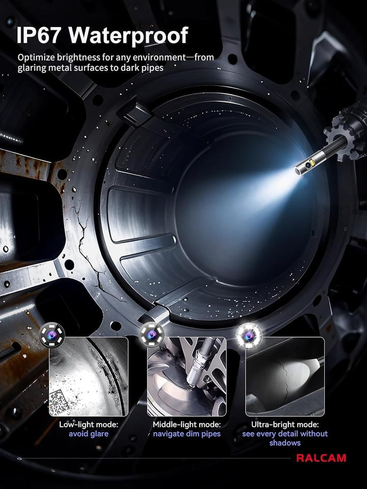 Ralcam Endoskopkamera mit Licht, Endoscope Camera mit 360° beweglichem Kopf, 6,5mm Dual-Sonde, 5" HD