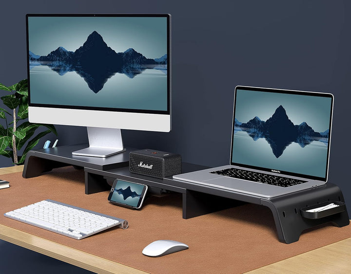 Fenge Dual Monitorständer mit Schubladen und Stauraum, Bildschirmständer aus MDF für Computer TV Lap