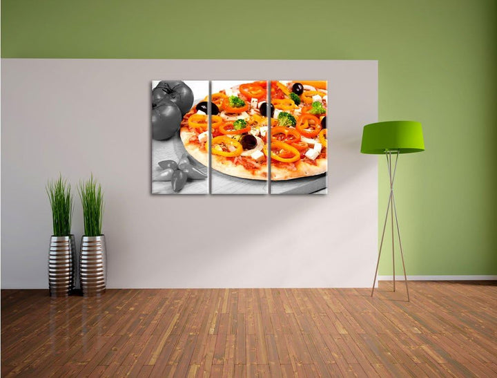 Pixxprint Pizza mit Oliven und Hirtenkäse als Leinwandbild/Grösse: 3 Teilig (120x80) cm/Wandbild/Kun