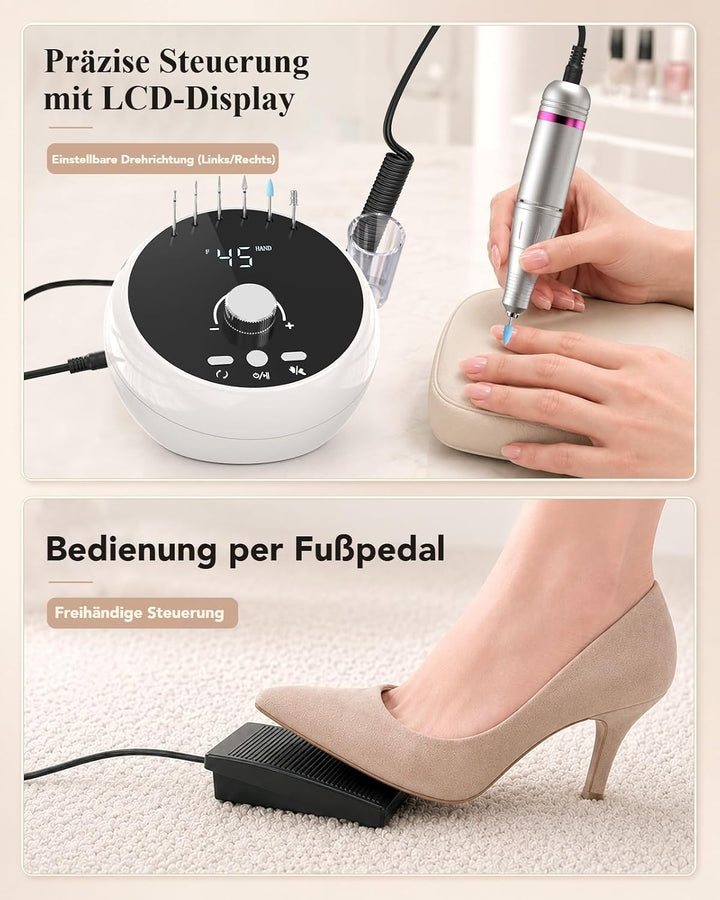 Nagelfräser 45.000 U/min Elektrische Nagelfeile mit LCD Fusspedal Maniküre