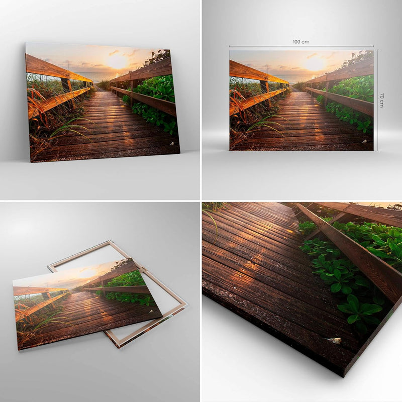 Bilder auf Leinwand 100x70cm Leinwandbild Fussgängerbrücke Meer Strand Ufer Gross Wanddeko Bild Schl