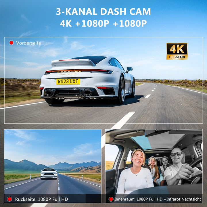 Carpuride W125S Carplay Bildschirm mit 3 Kanal Dash Cam, 4K Front & 1080P Rückkamera, 1080P Infrarot
